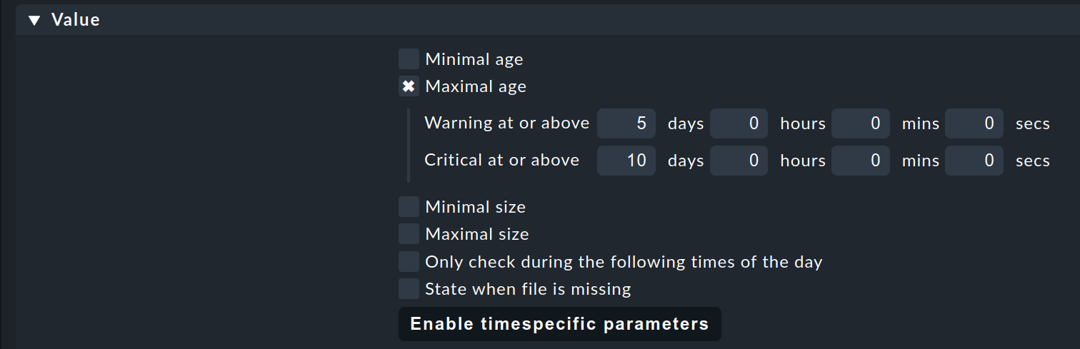 Screenshot showing the maximal age thresholds