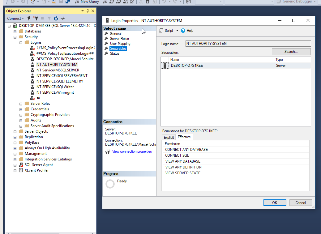 Screenshot of Object Explorer in Windows detailing the Login properties for a connection.