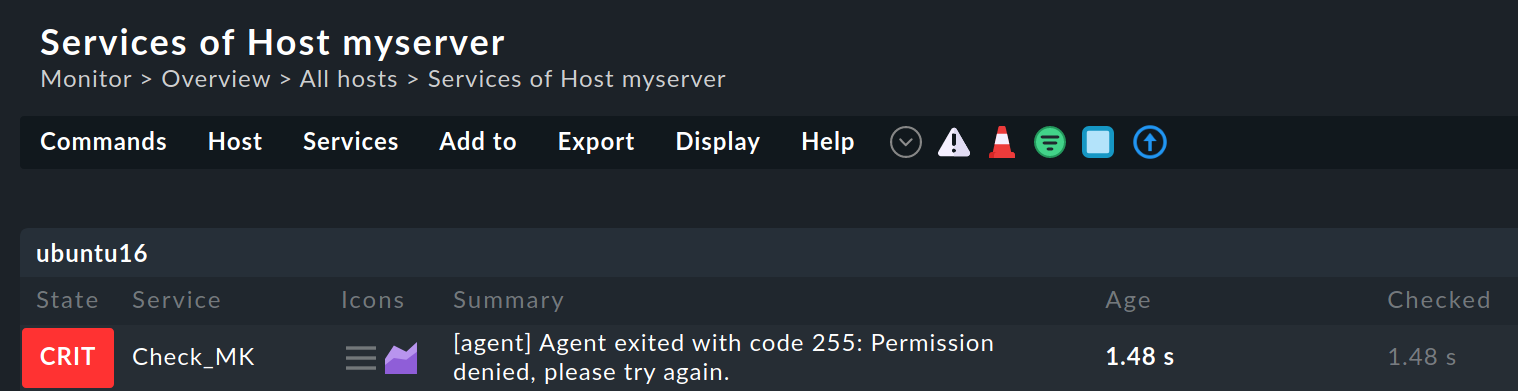 screenshot of Services of host myserver. Check_mk service reports Permission denied, please try again later.